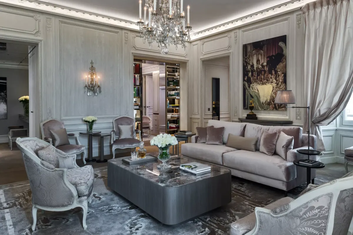 Grand Appartements Concorde Hotel de Crillon Paris living room with crystal chandelier velvet armchairs