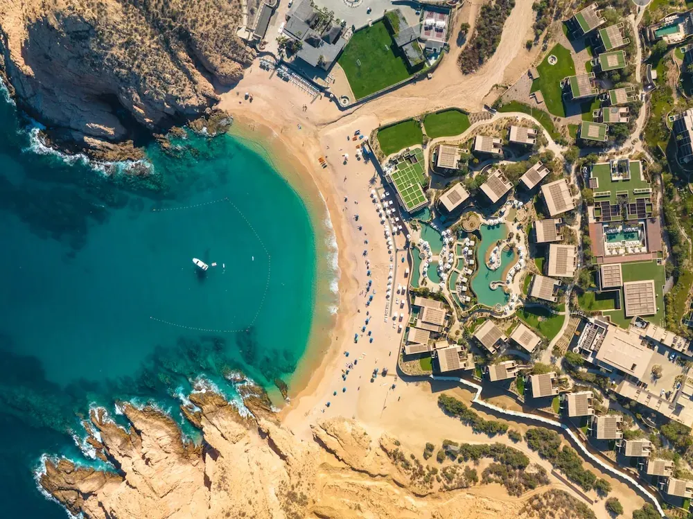 Aerial view of Montage Los Cabos resort on Santa Maria Bay with pools and beach Cabo San Lucas