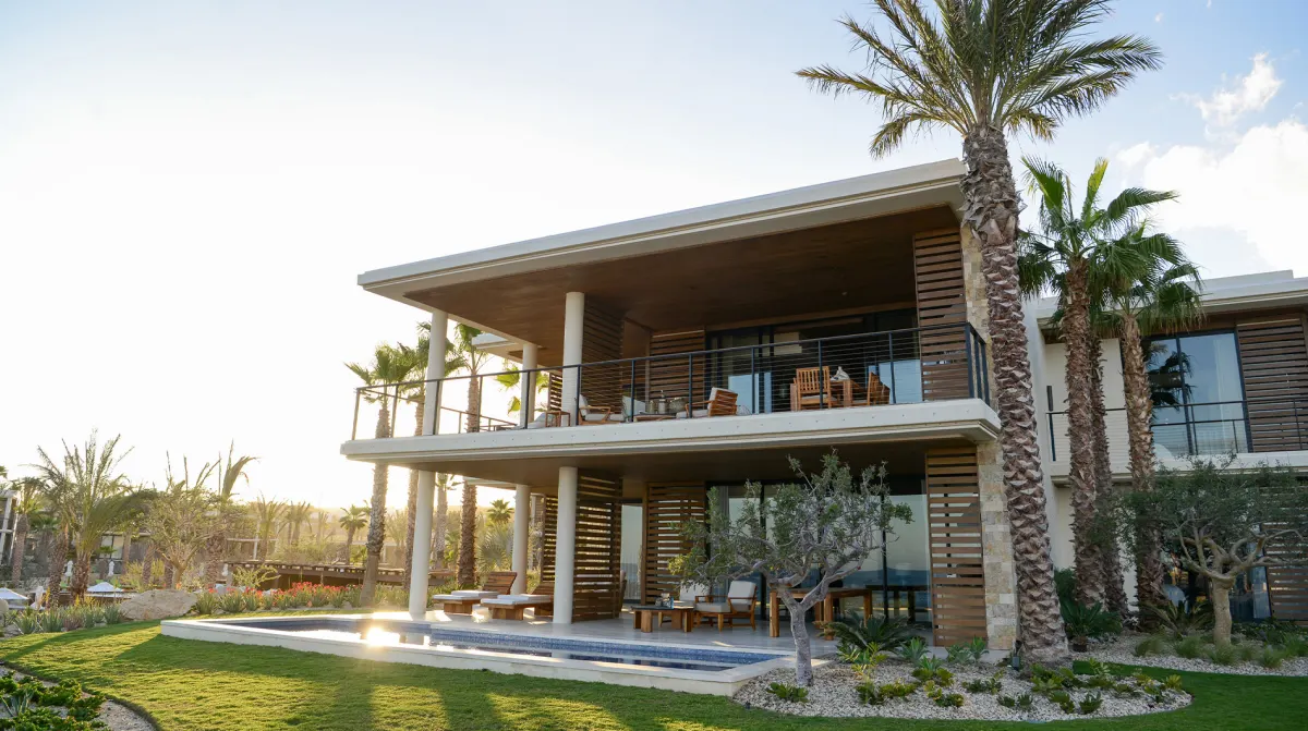 Chileno Bay Resort Residences Auberge villa lower ocean view exterior with plunge pool palms Los Cabos