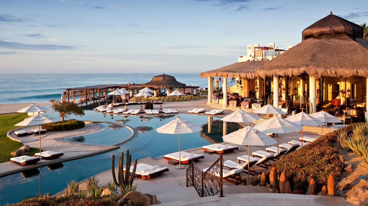 Las Ventanas al Paraiso Rosewood Resort aerial pool terrace and Baja desert landscape Sea of Cortez