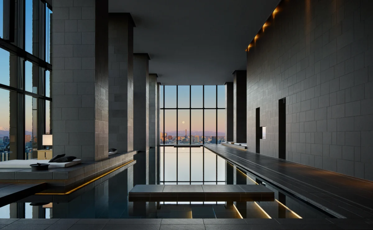 The 30-metre indoor pool at Aman Tokyo with Tokyo skyline views