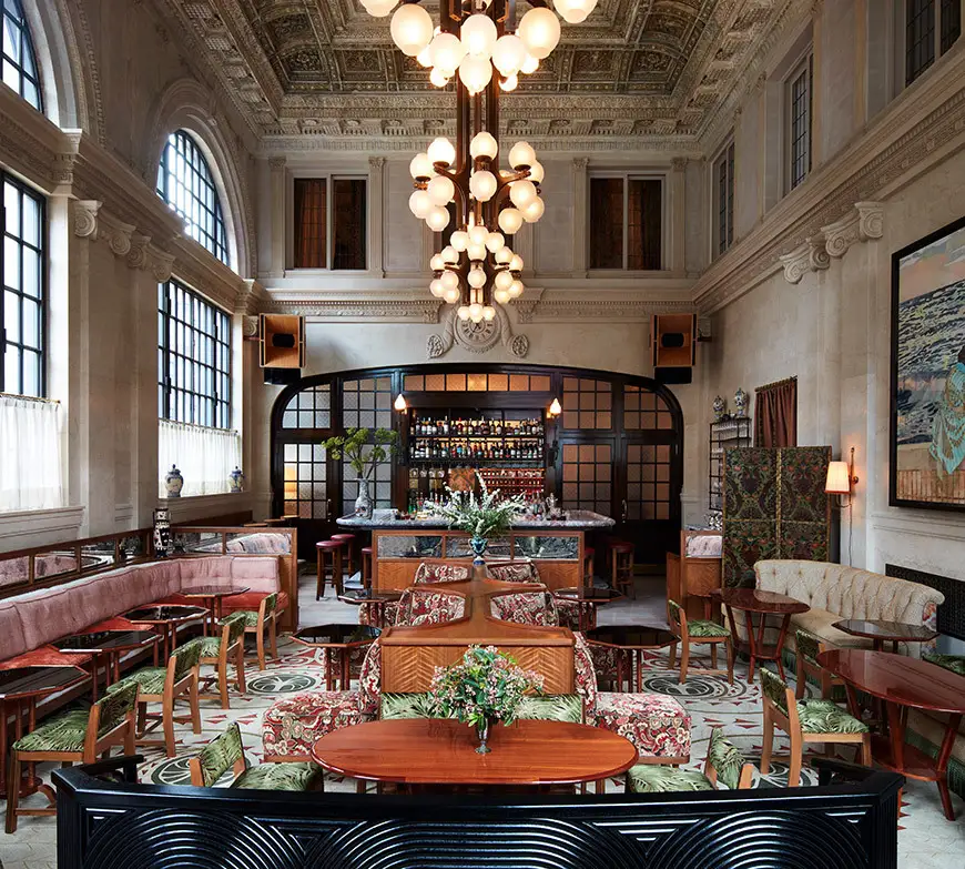 The Swan Room cocktail lounge inside Nine Orchard's former bank hall in New York City