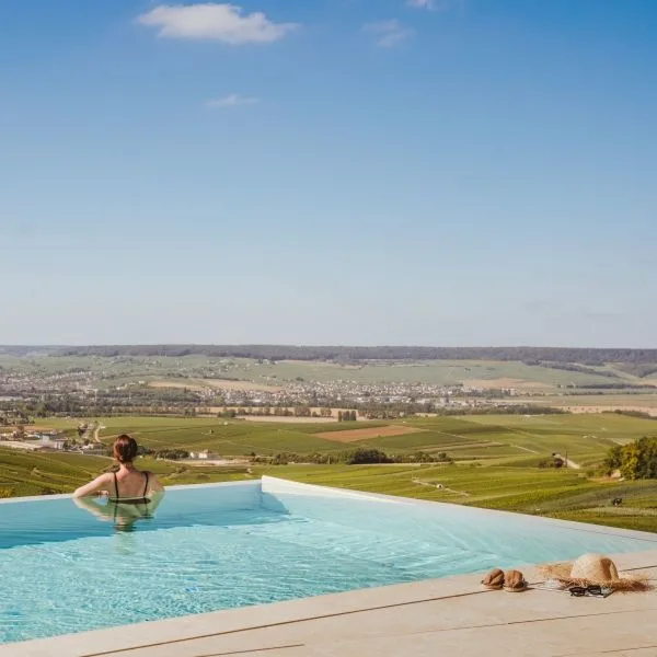 Infinity pool at Royal Champagne overlooking the Marne Valley vineyards