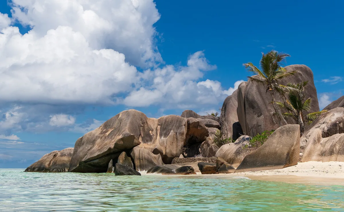 Granite boulders and white sand at Anse Source d'Argent on La Digue, Seychelles honeymoon