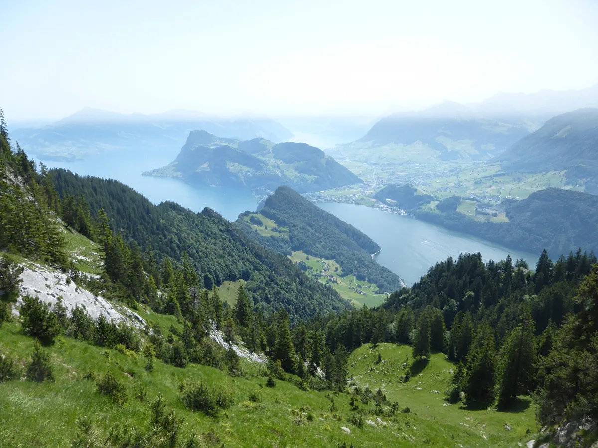 Summer view over Lake Lucerne from the Bürgenstock ridge in the Swiss Alps