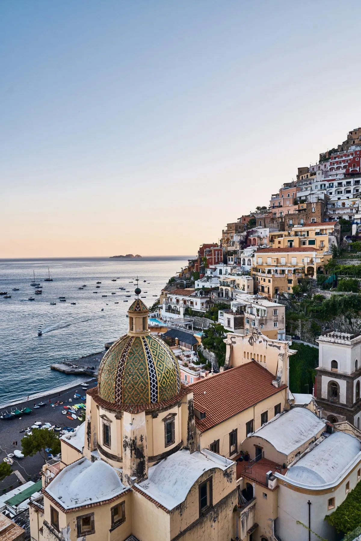 Positano at dusk on the Amalfi Coast, a quiet luxury travel destination