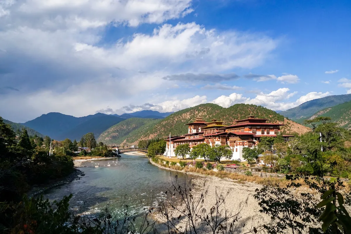 Punakha Dzong fortress at the confluence of the Pho Chhu and Mo Chhu rivers in Bhutan