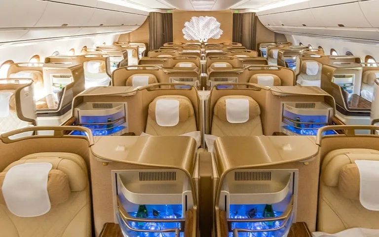 Emirates A350 business class cabin in a 1-2-1 layout with privacy dividers