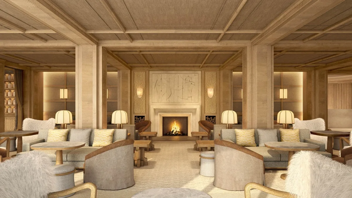 The Park Gstaad Four Seasons Hotel lounge with fireplace, opening for the 2026/27 ski season