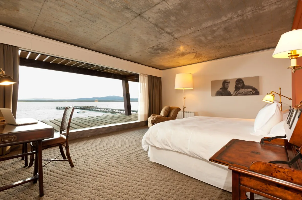 A room at The Singular Patagonia in a converted 1915 cold-storage plant overlooking Last Hope Sound