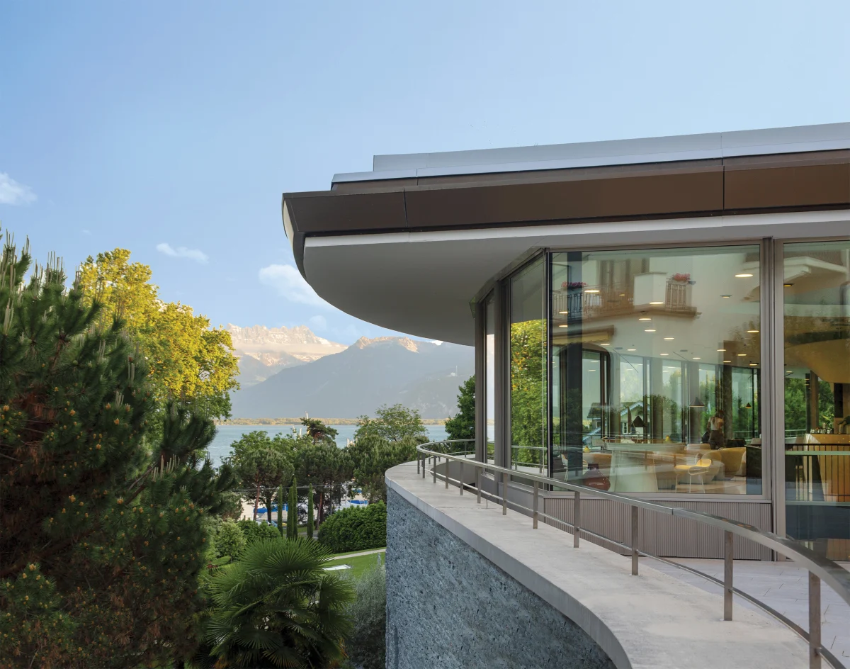 Clinique La Prairie's glass pavilion above Lake Geneva at Montreux, Switzerland