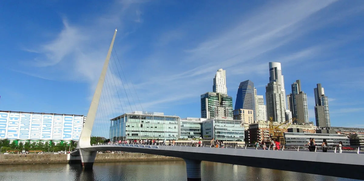 The Puente de la Mujer footbridge and skyline of Puerto Madero, Buenos Aires