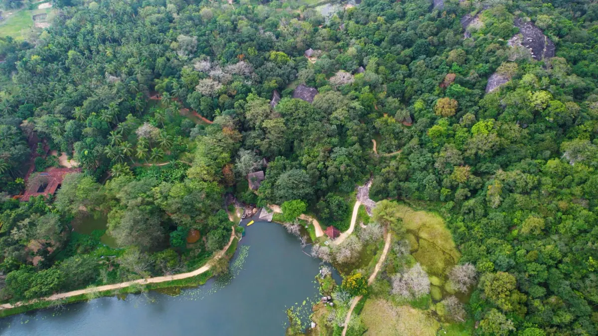 Ulpotha village retreat aerial view with lake and jungle, Sri Lanka Ayurveda and yoga retreat