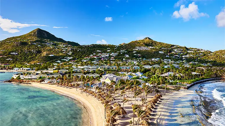 Rosewood Le Guanahani St. Barth peninsula aerial view, Grand Cul-de-Sac lagoon, best family hotel in St. Barths