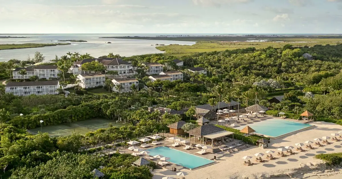 COMO Parrot Cay private island resort aerial view with pool, Turks and Caicos