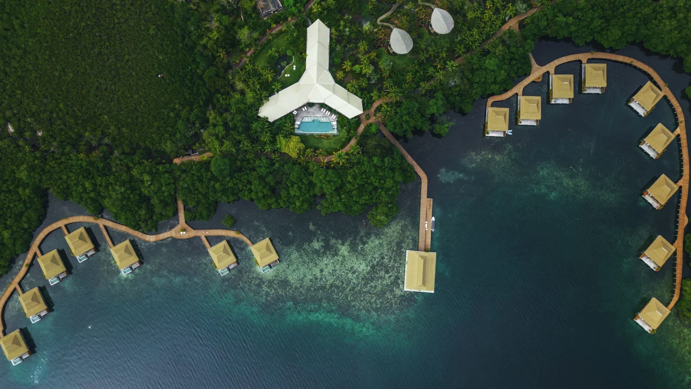 Aerial of overwater villas at Nayara Bocas del Toro, Panama's Caribbean archipelago