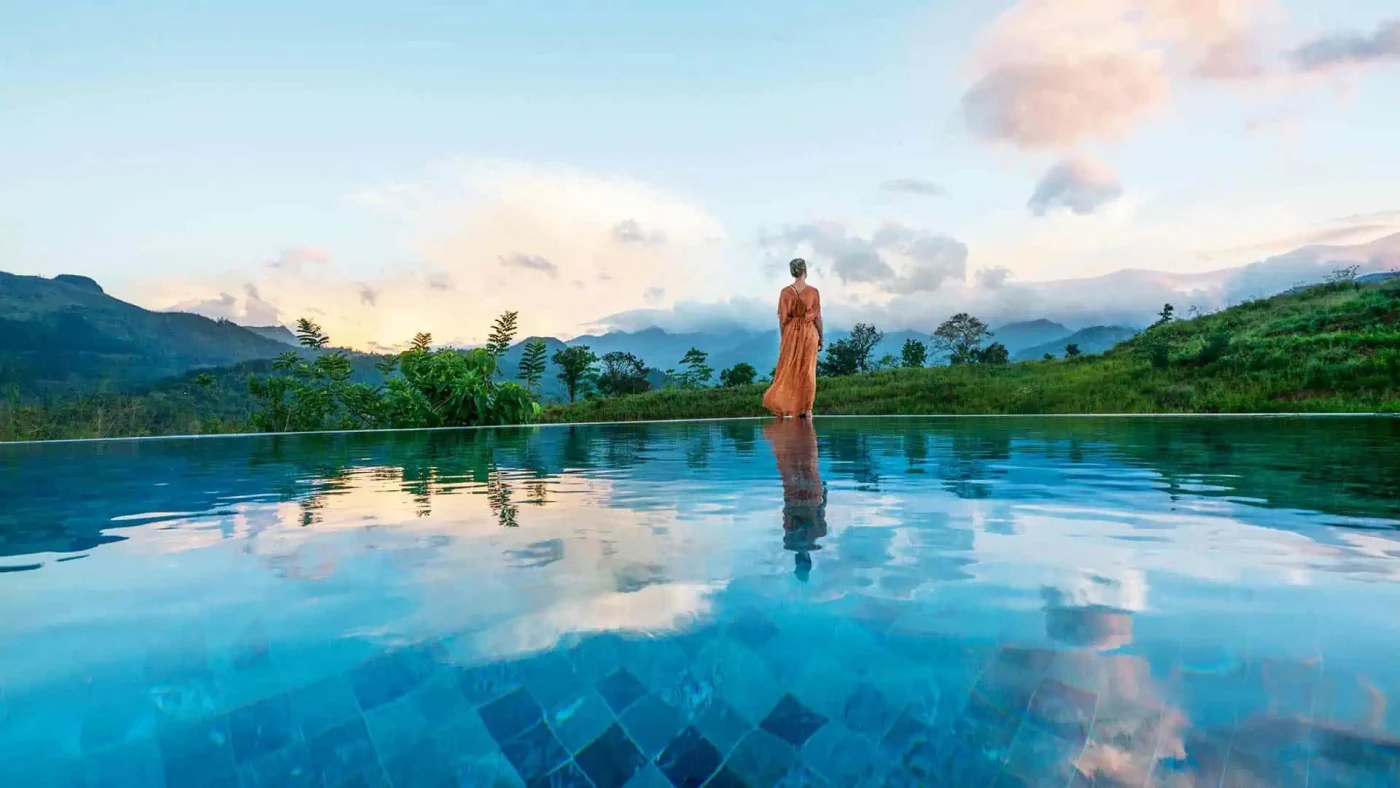 Infinity pool at Santani Wellness Kandy overlooking the Knuckles Range, the best Ayurveda retreat in Sri Lanka
