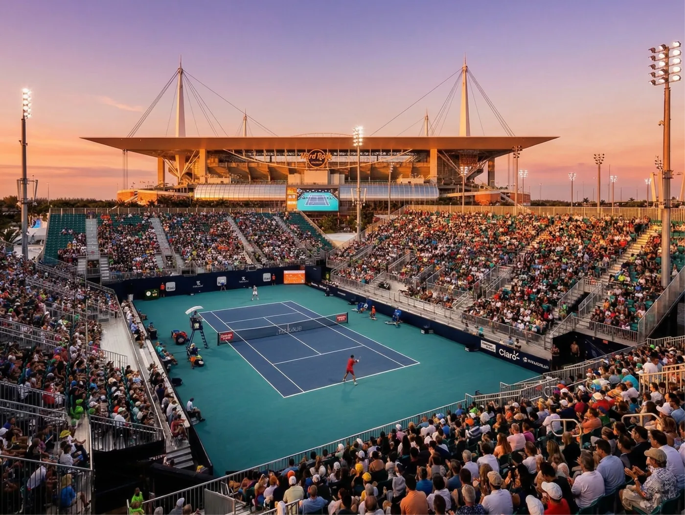 Aerial view of Miami Open tennis stadium at sunset with Miami skyline