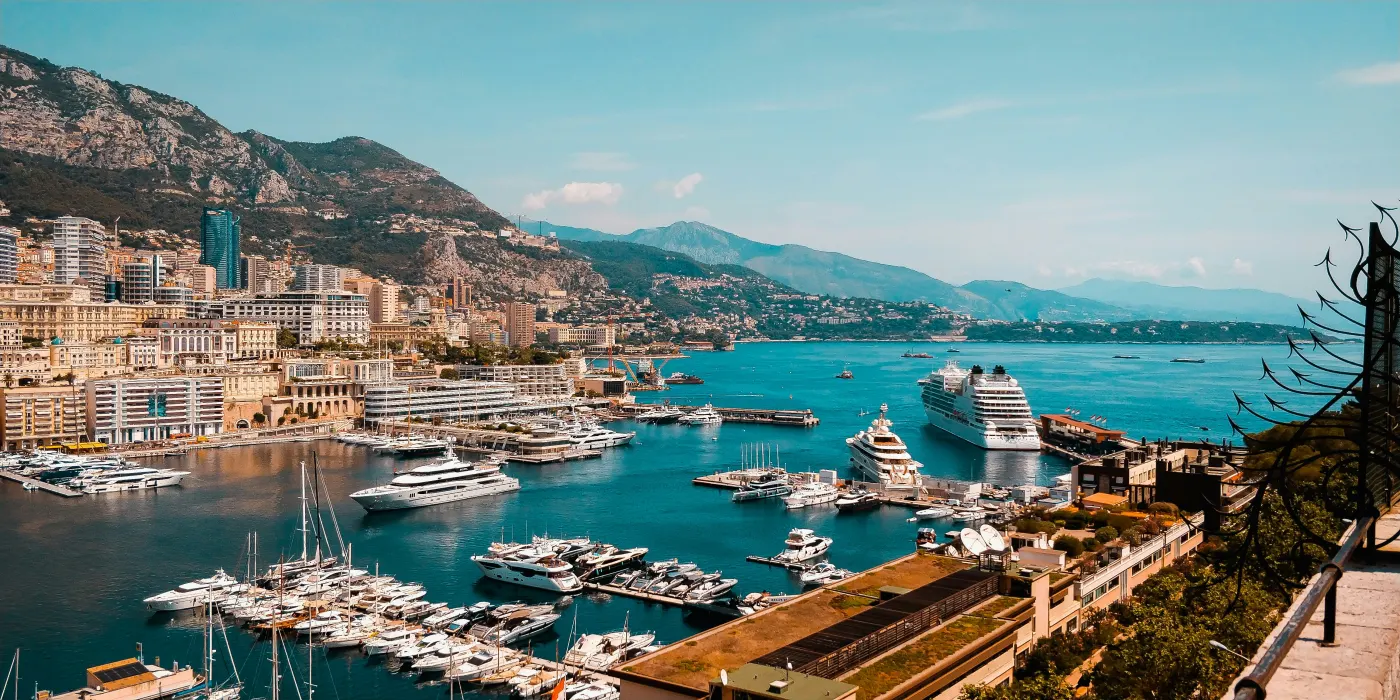 Monaco harbor superyachts Port Hercule Monte Carlo panoramic view