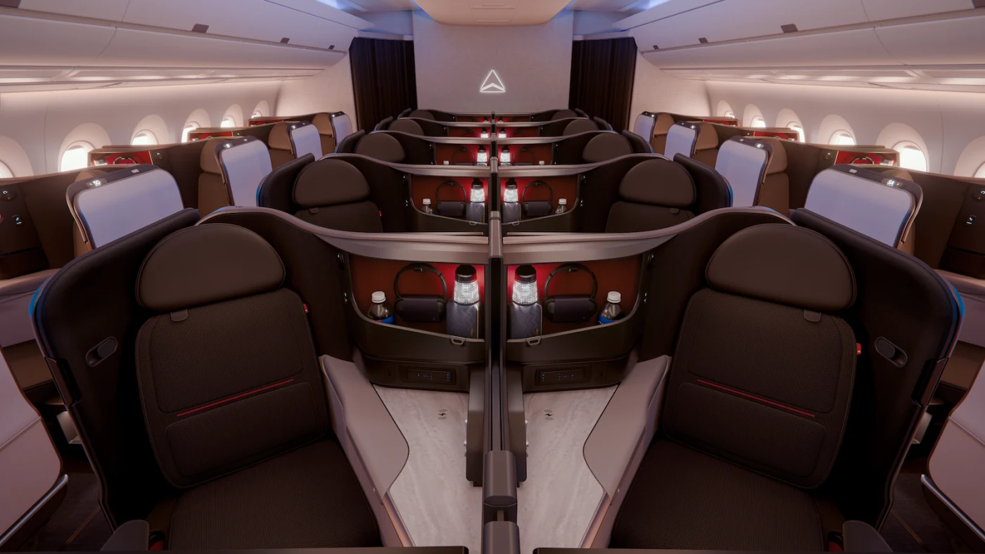 Delta One A350 business class suite cabin reverse herringbone layout 1-2-1 configuration
