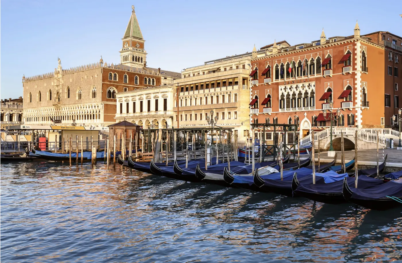 Gondolas on the lagoon by Hotel Danieli in Venice
