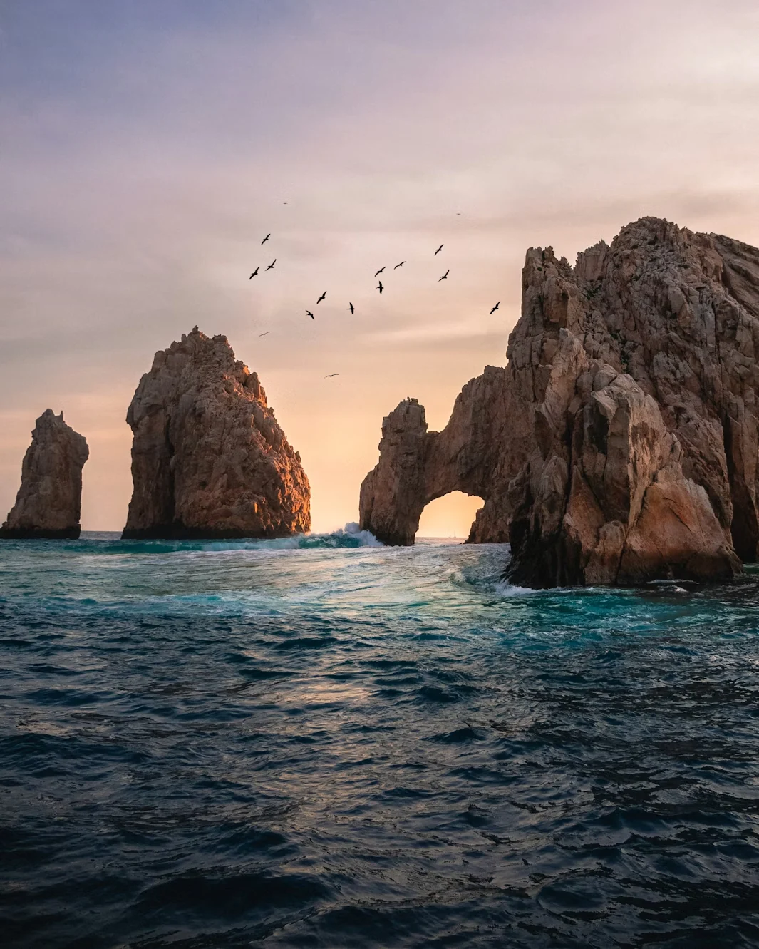 El Arco Arch of Cabo San Lucas at sunset with birds flying Land's End Baja California Mexico