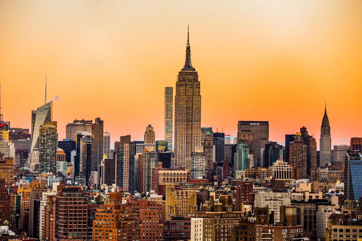 Manhattan skyline at sunset with Empire State Building Chrysler Building midtown New York City