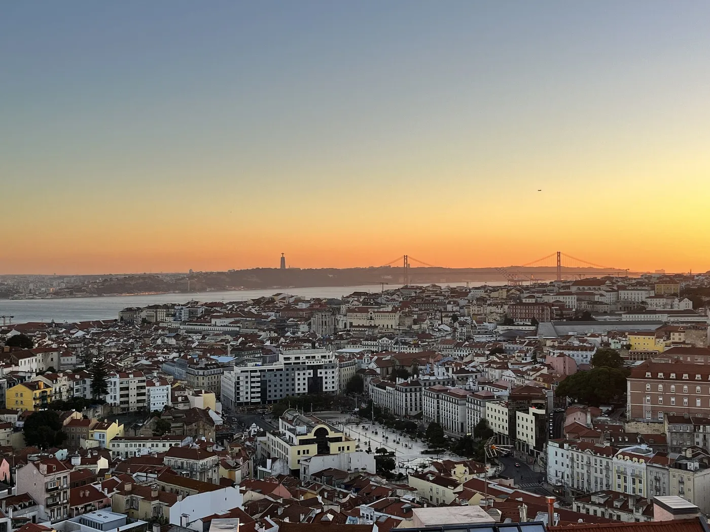 Lisbon skyline at sunset with the 25 de Abril bridge and the Tagus river, the start of a night out