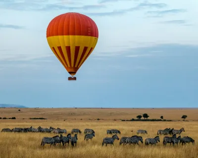 Hot air balloon at dawn over a herd of zebras on the Maasai Mara plains in Kenya