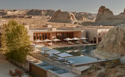 The pool at Amangiri set against the Utah desert, a first Aman stay for many travelers
