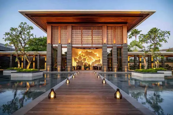 Arrival pavilion at Regent Bali Canggu at dusk