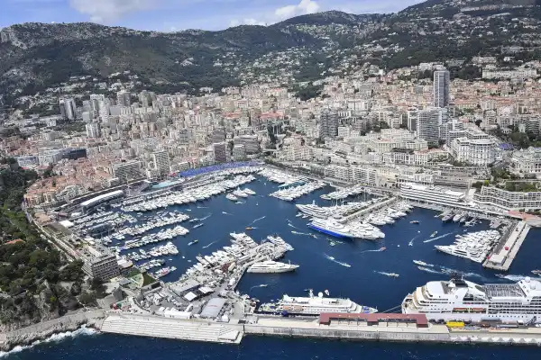 Aerial view of Port Hercules in Monaco filled with yachts