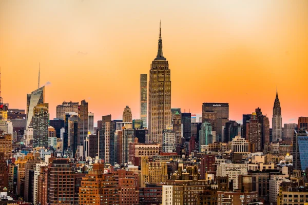 Manhattan skyline at sunset with Empire State Building Chrysler Building midtown New York City