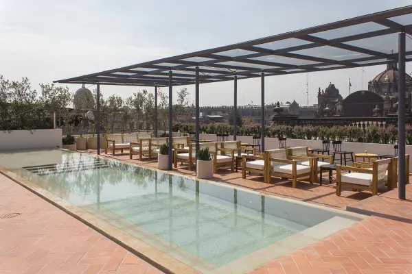 Rooftop pool at Circulo Mexicano overlooking Mexico City's Centro Historico