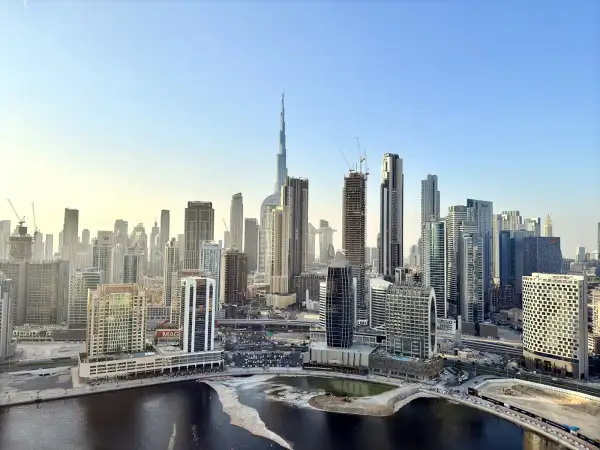 The Dubai skyline with the Burj Khalifa rising above Business Bay