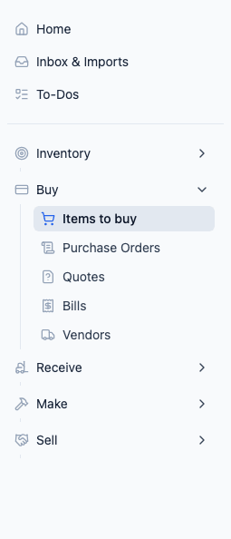 Buy section in sidebar showing Items to buy, Purchase Orders, Quotes, Bills, and Vendors