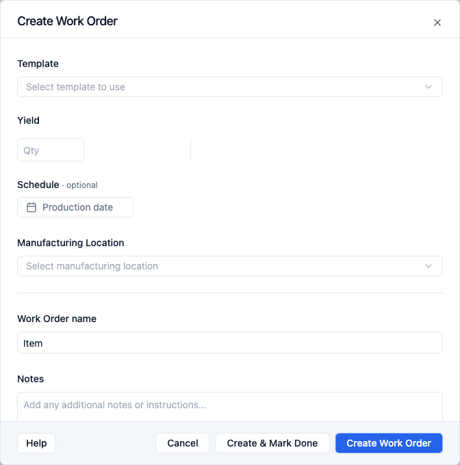 Create Work Order dialog with template selector, quantity with unit dropdown, schedule date, work order name, and location fields