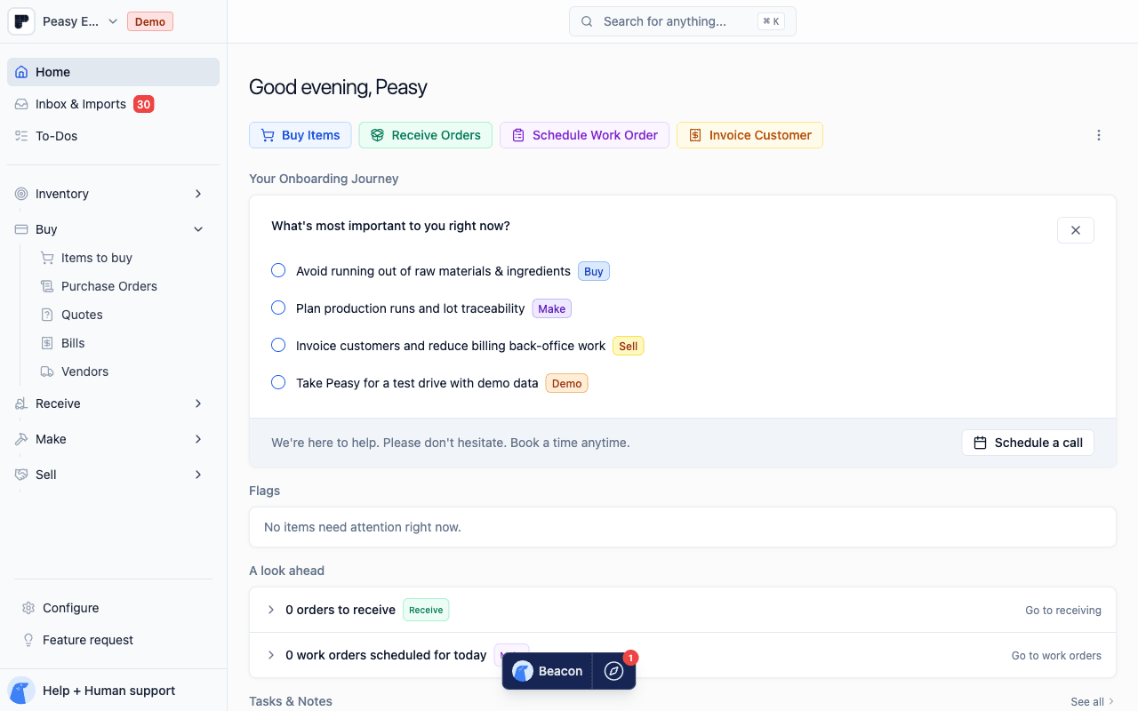 Full Peasy interface with sidebar expanded showing all navigation groups