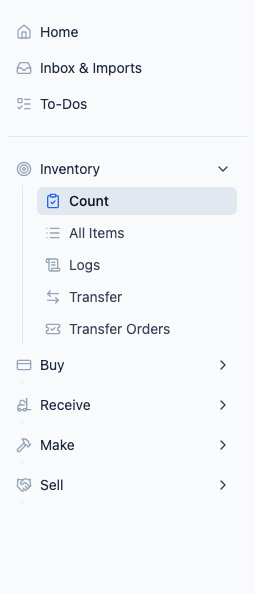 Inventory section in sidebar showing Count, All Items, Logs, Transfer, and Transfer Orders