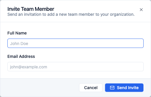 Invite new member dialog with name and email fields