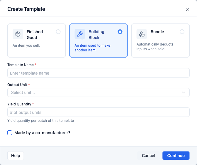 New Template modal with Building Block selected, showing name and output unit fields