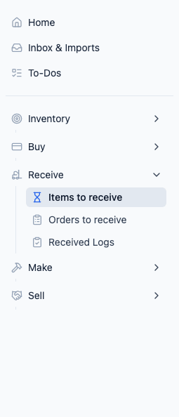 Receive section in sidebar showing Items to receive, Orders to receive, and Received Logs