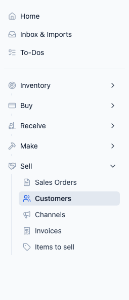 Sell section in sidebar showing Sales Orders, Customers, Channels, Invoices, and Items to sell