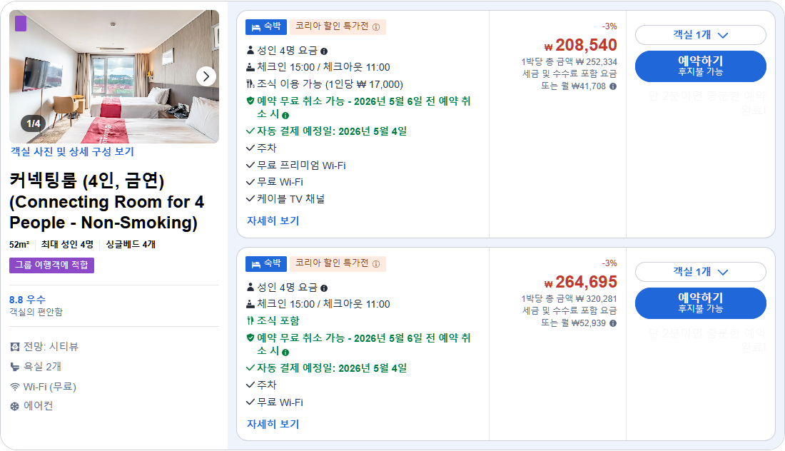 커넥팅룸 (4인, 금연) (Connecting Room for 4 People - Non-Smoking)