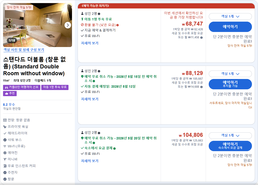 스탠다드 더블룸 (창문 없음) (Standard Double Room without window)