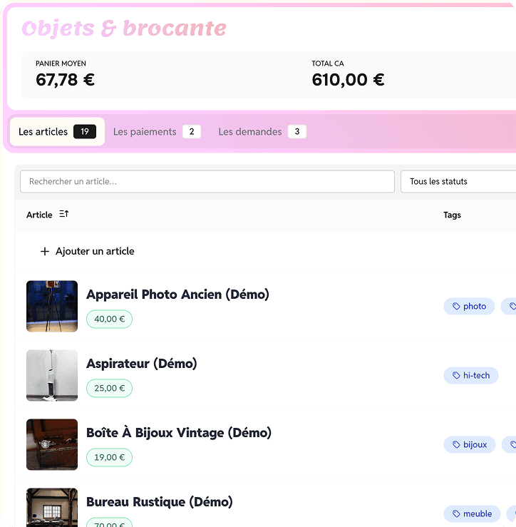 Capture d'écran du tableau de bord de gestion des ventes