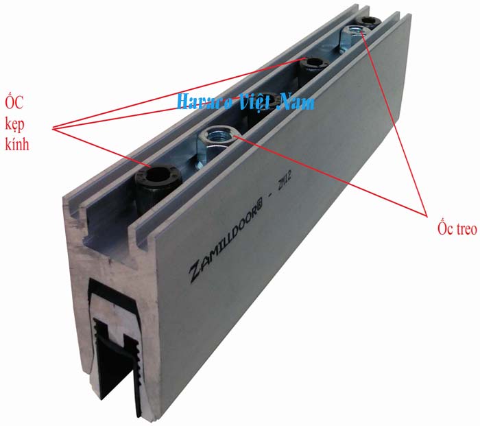 Cửa kính cường lực lùa ray nhôm bao gồm các phụ kiện: - Phụ kiện cửa kính lùa treo