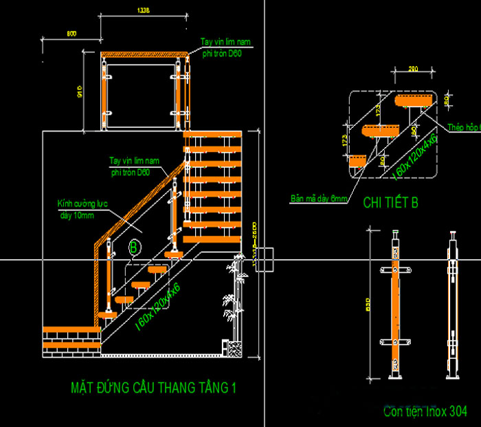 Bản vẽ Autucad cầu thang kính