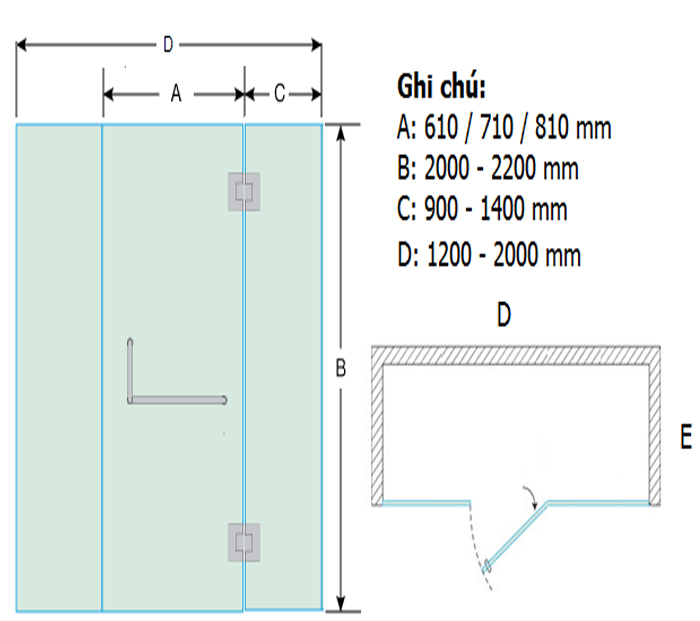 Bản vẽ cửa kính cường lực bản lề 180 độ