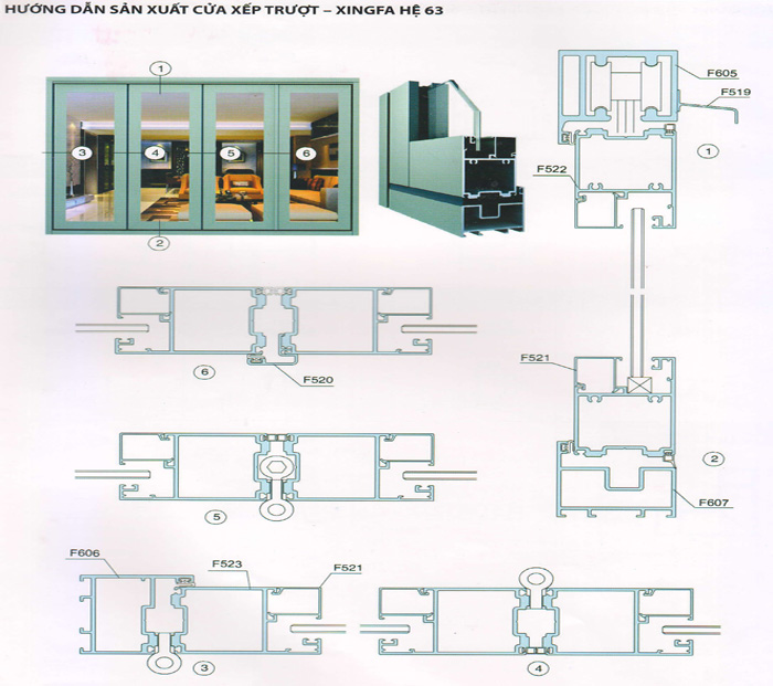 Sản xuất cửa nhôm Xingfa xếp trượt hệ 63
